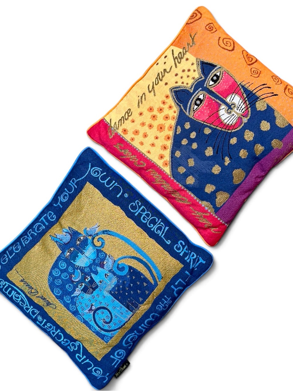 Laurel Burch Tapestry Cat Pillows Set of 2 Blue Gold Pink 17”x17”